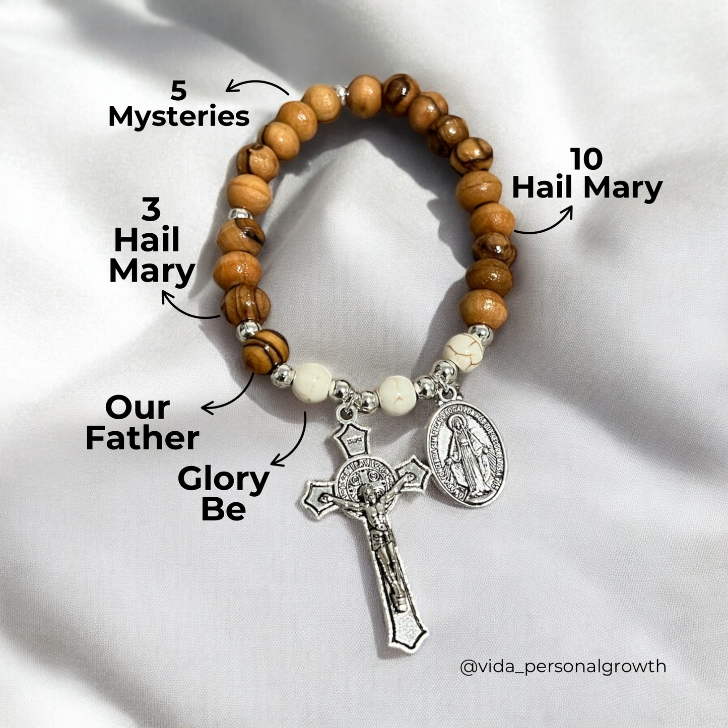 Holy Land Olive Wood Rosary Bracelet, Handmade Stretch Beaded Rosary Bracelet, Colombian Elastic Rosary Bracelet, Our Lady Miraculous Medal