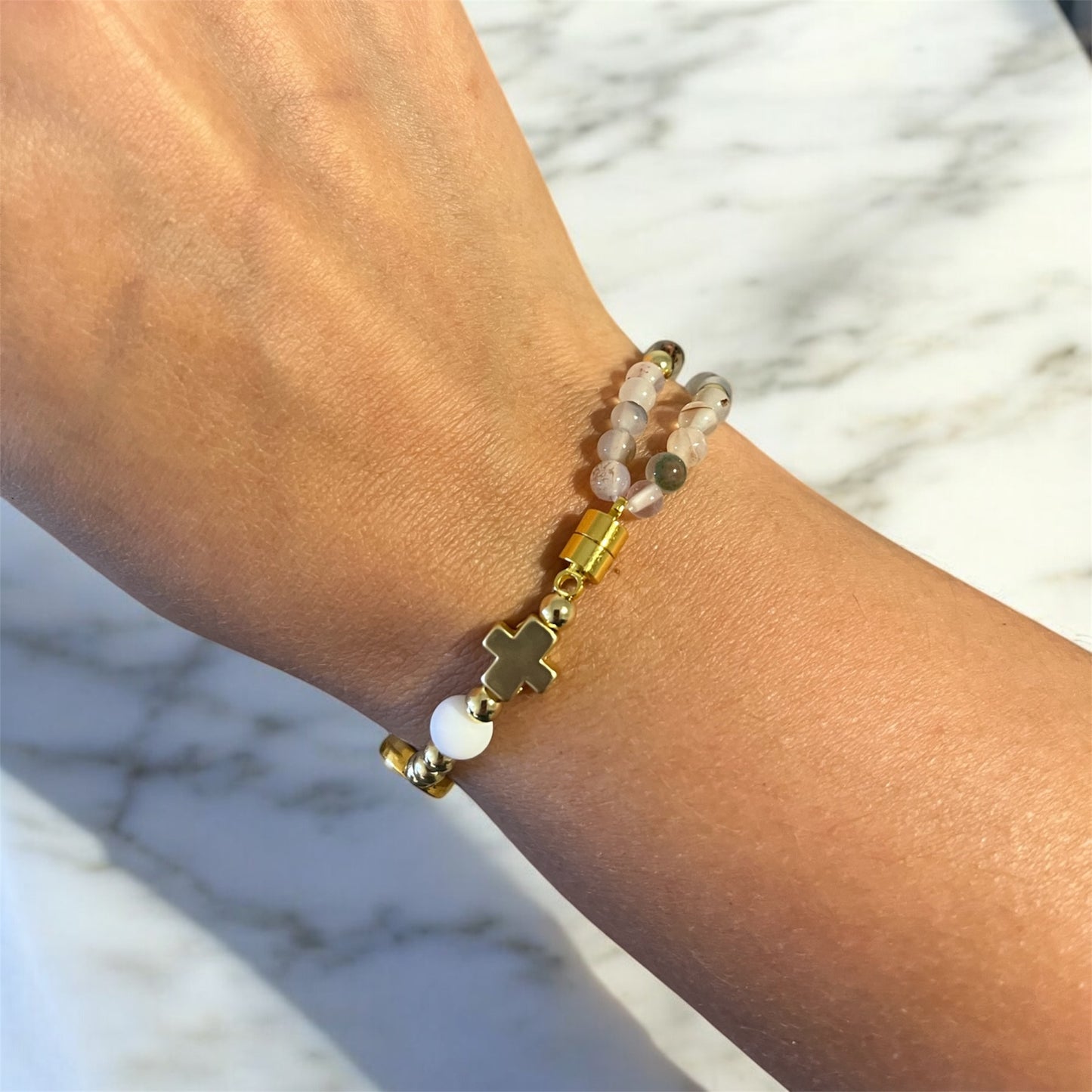 Handmade Beaded Rosary Bracelet | Mini 5-decade rosary | White Natural Stone Beads & Magnetic Clasp | 14k Gold Plated | St Benedict Medal