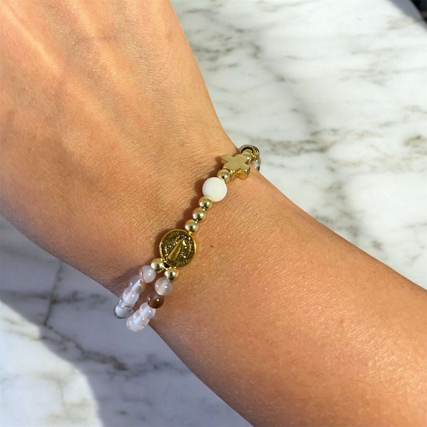 Handmade Beaded Rosary Bracelet | Mini 5-decade rosary | White Natural Stone Beads & Magnetic Clasp | 14k Gold Plated | St Benedict Medal