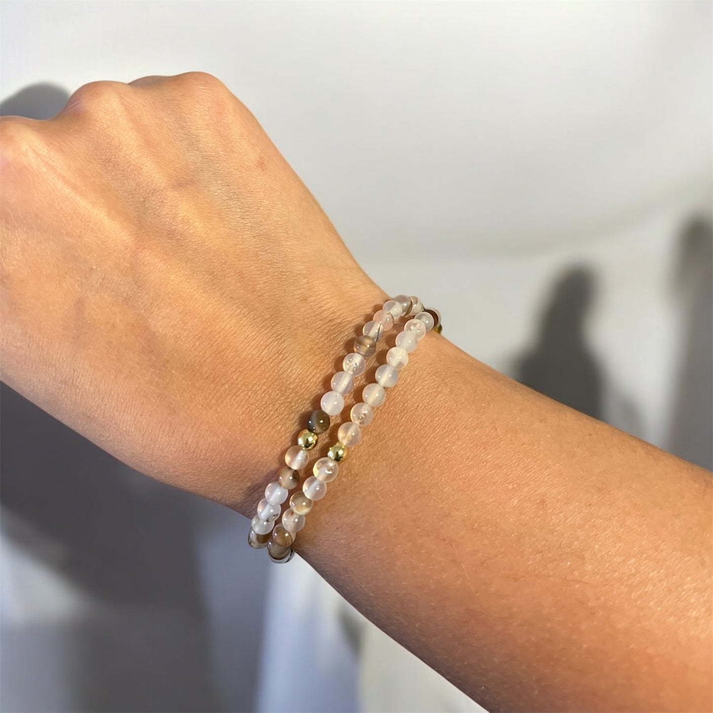 Handmade Beaded Rosary Bracelet | Mini 5-decade rosary | White Natural Stone Beads & Magnetic Clasp | 14k Gold Plated | St Benedict Medal