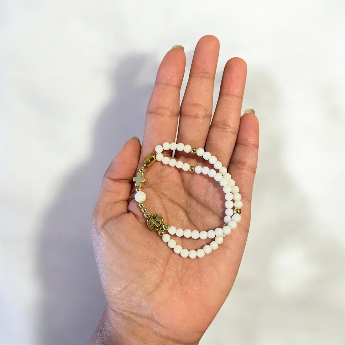 Handmade Beaded Rosary Bracelet | Mini 5-decade rosary | White Natural Stone Beads & Magnetic Clasp | 14k Gold Plated | St Benedict Medal