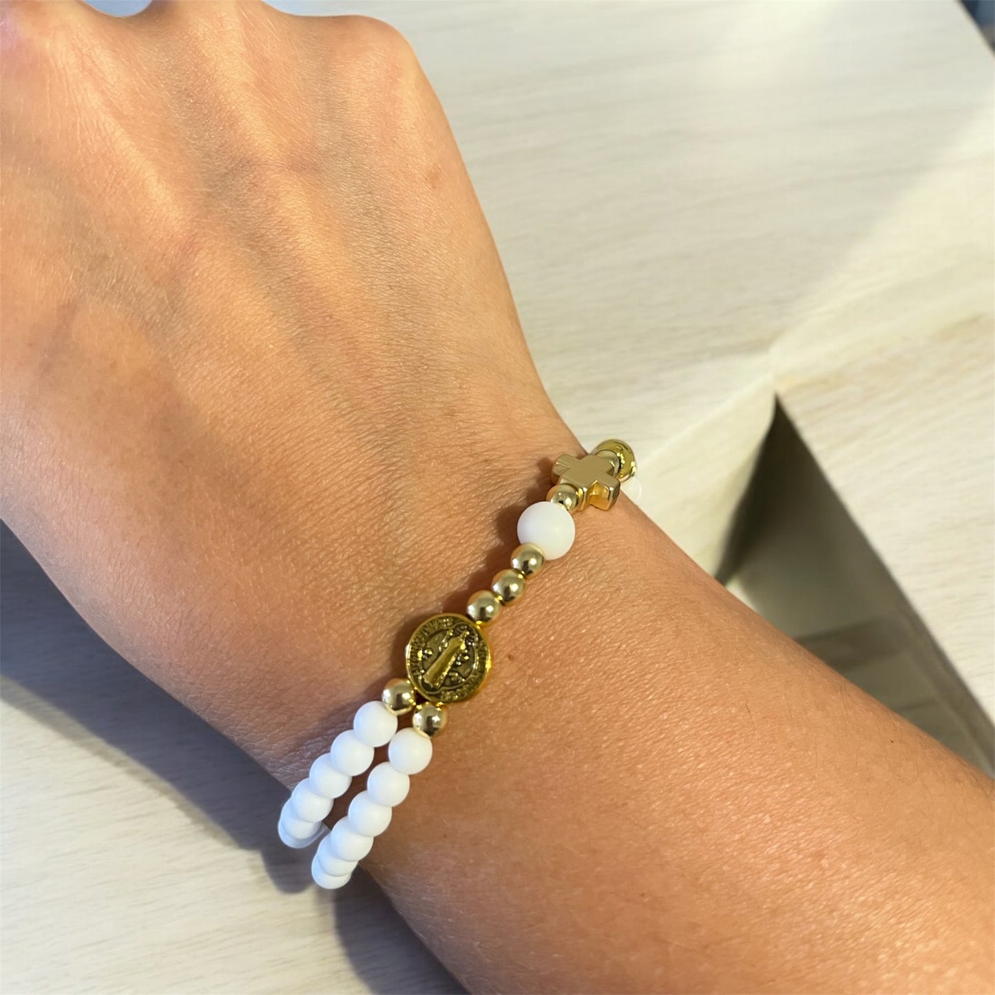 Handmade Beaded Rosary Bracelet | Mini 5-decade rosary | White Natural Stone Beads & Magnetic Clasp | 14k Gold Plated | St Benedict Medal