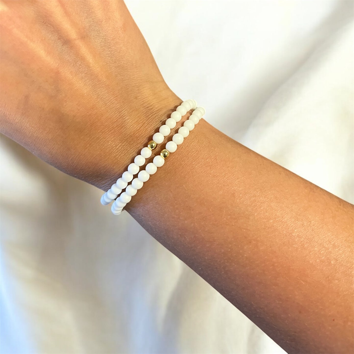 Handmade Beaded Rosary Bracelet | Mini 5-decade rosary | White Natural Stone Beads & Magnetic Clasp | 14k Gold Plated | St Benedict Medal