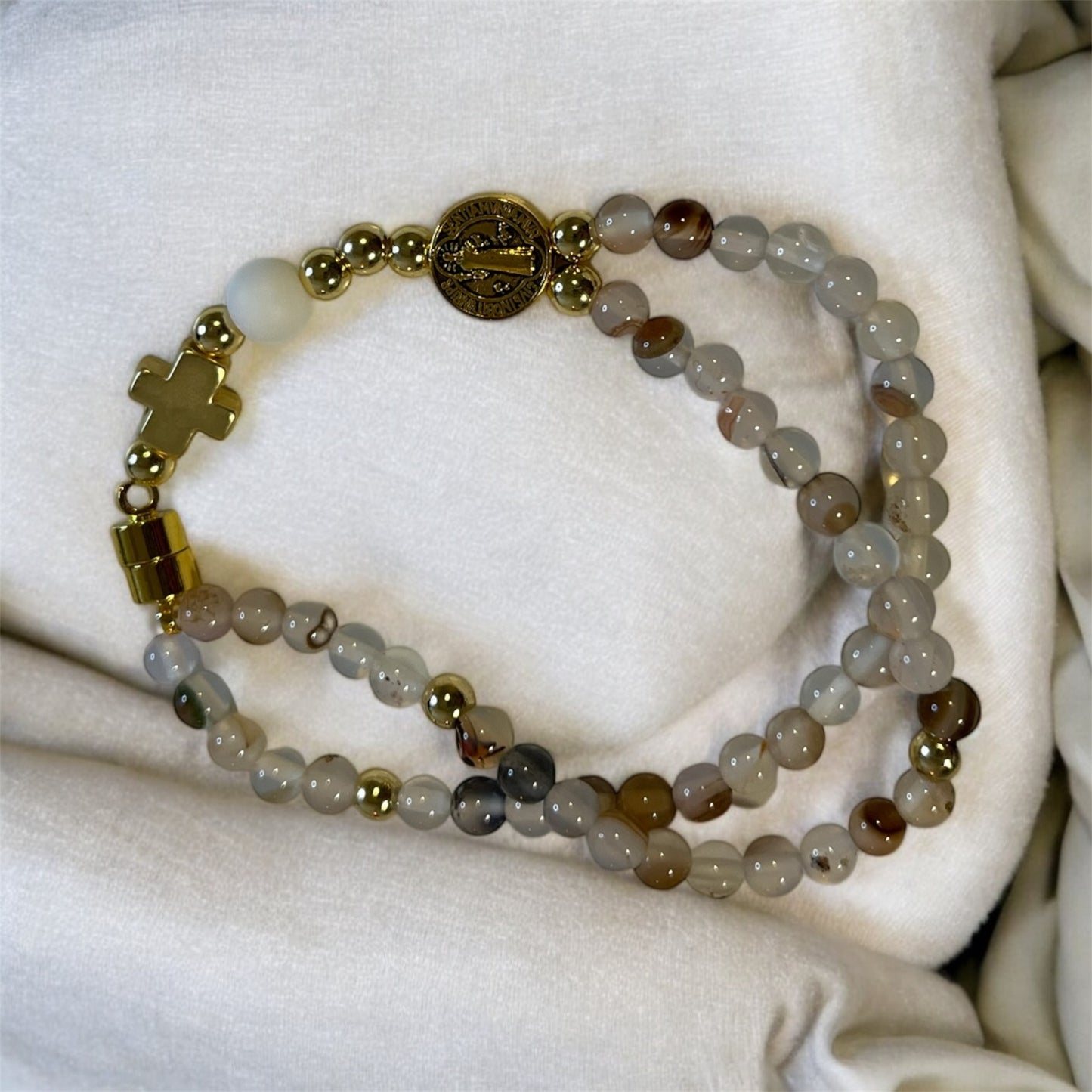 Handmade Beaded Rosary Bracelet | Mini 5-decade rosary | White Natural Stone Beads & Magnetic Clasp | 14k Gold Plated | St Benedict Medal