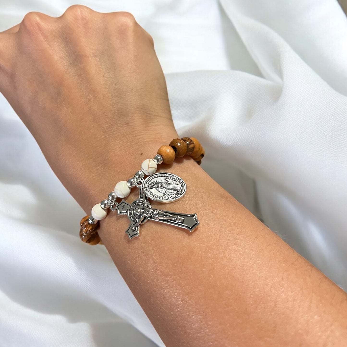Holy Land Olive Wood Rosary Bracelet, Handmade Stretch Beaded Rosary Bracelet, Colombian Elastic Rosary Bracelet, Our Lady Miraculous Medal