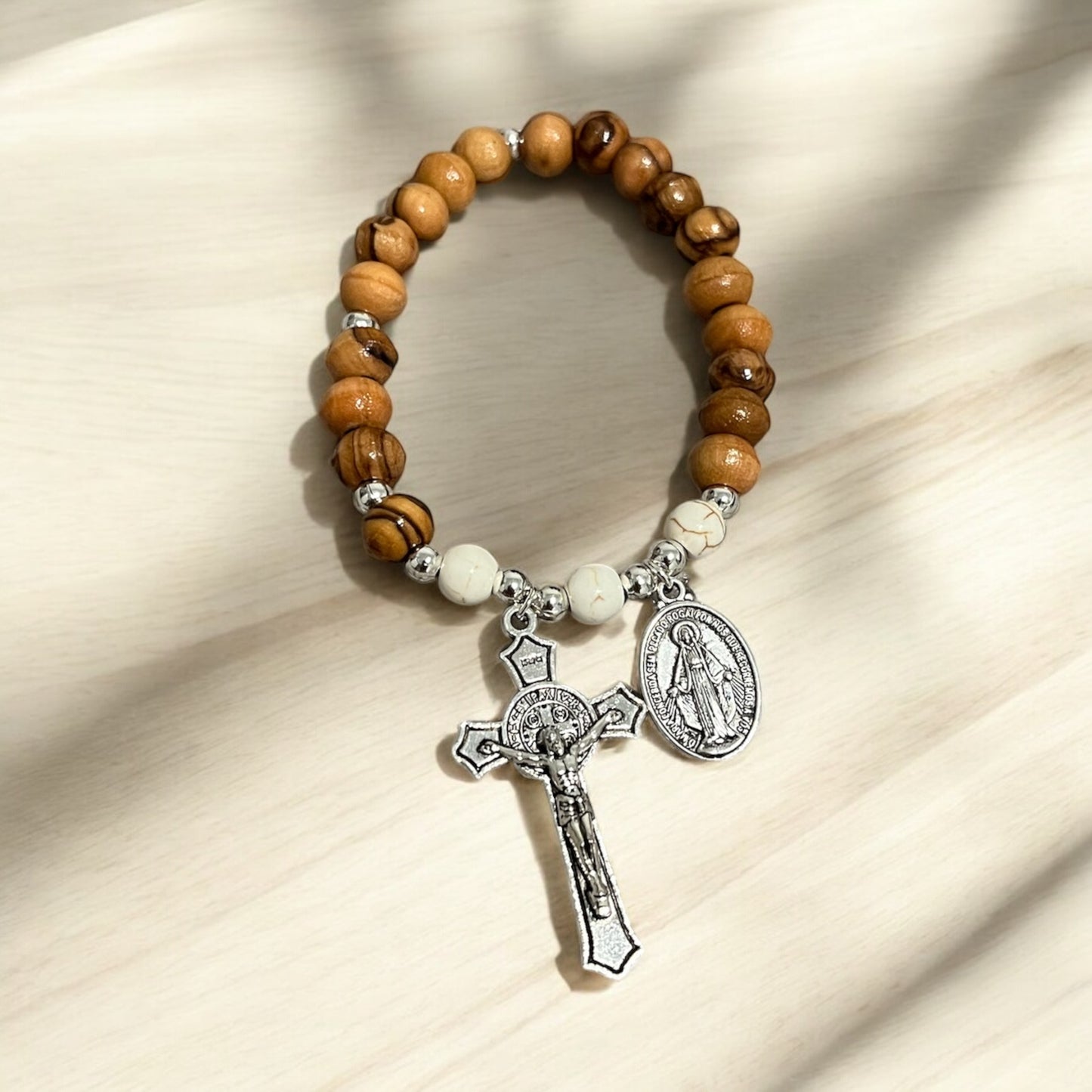 Holy Land Olive Wood Rosary Bracelet, Handmade Stretch Beaded Rosary Bracelet, Colombian Elastic Rosary Bracelet, Our Lady Miraculous Medal