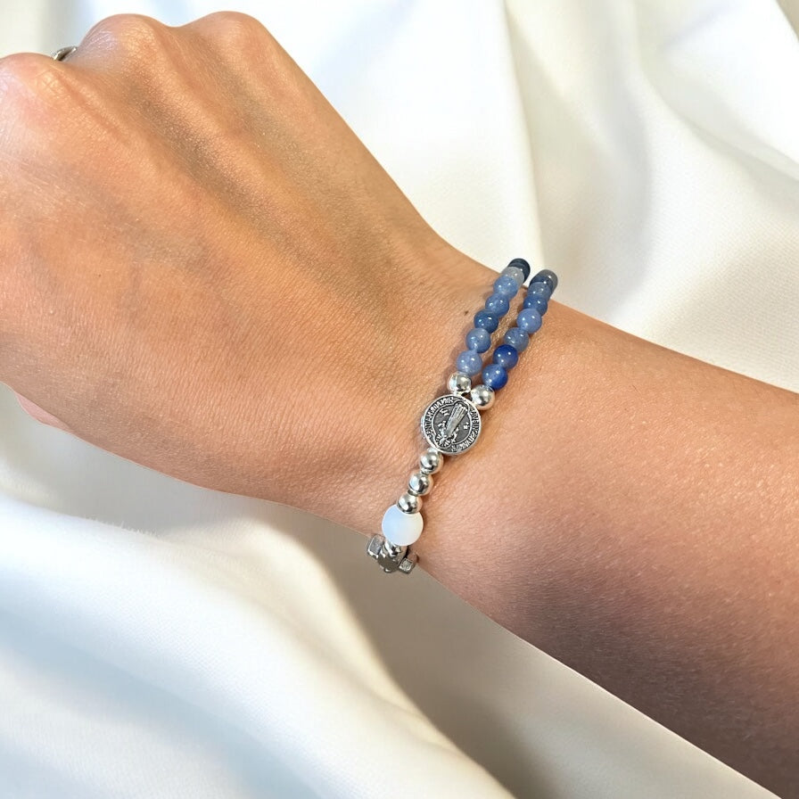 Handmade Beaded Rosary Bracelet | Mini 5-decade rosary | White Natural Stone Beads & Magnetic Clasp | 14k Gold Plated | St Benedict Medal