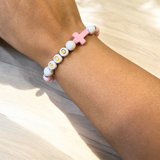 Girl's Catholic Rosary Bracelet, First Communion Bracelet, Catholic Gift, Baptism Gift, Christening Gift, Stretch Pink Rosary Bracelet
