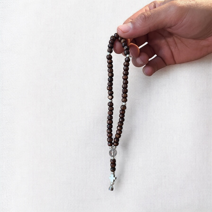 Handmade Beaded Rosary Bracelet | Mini 5-decade rosary | Wood Beads & Magnetic Clasp | Beaded Rosary | St Benedict Medal | Rosary for Men