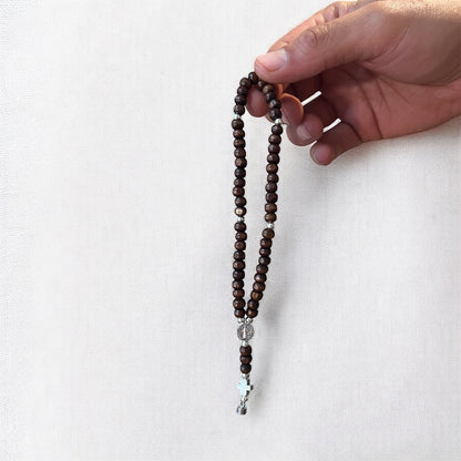 Handmade Beaded Rosary Bracelet | Mini 5-decade rosary | Wood Beads & Magnetic Clasp | Beaded Rosary | St Benedict Medal | Rosary for Men