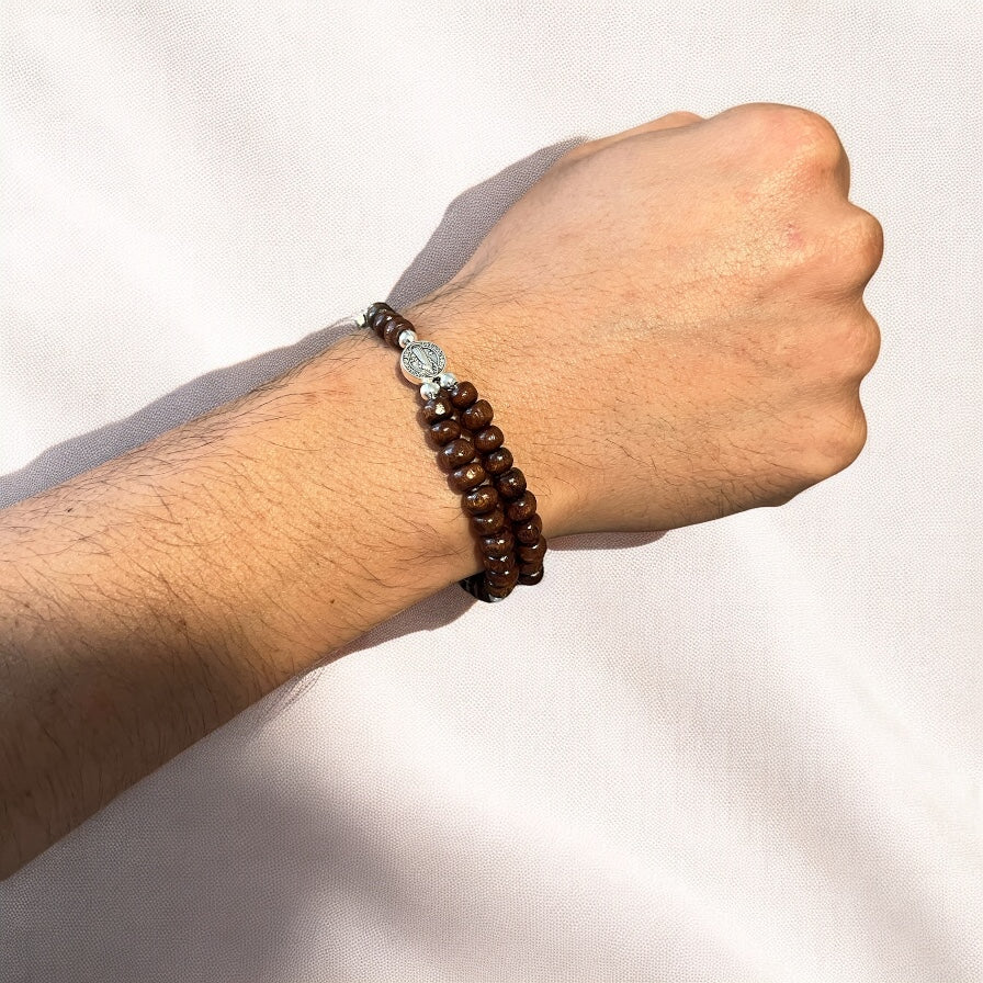 Handmade Beaded Rosary Bracelet | Mini 5-decade rosary | Wood Beads & Magnetic Clasp | Beaded Rosary | St Benedict Medal | Rosary for Men