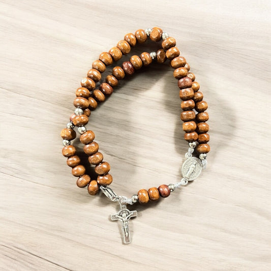 Beaded Rosary Bracelet | Wood Bead Rosary Bracelet | 5-decade rosary | Wood Beads | Rosary bracelet for Him  Silver | Miraculous Medal