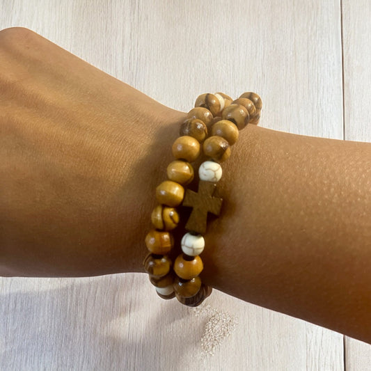 Holy Land Olive Wood Rosary Bracelet, Handmade Stretch Beaded Rosary Bracelet, Colombian Elastic Rosary Bracelet, Catholic Gifts